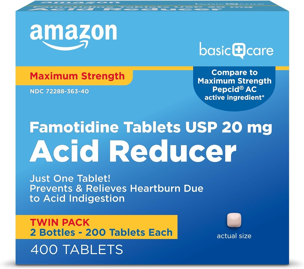 Cuidado básico Maximum Strength Famotidine Tablets Acid Reducer for Heartburn Relief, 20 mg, 400 Count Pack