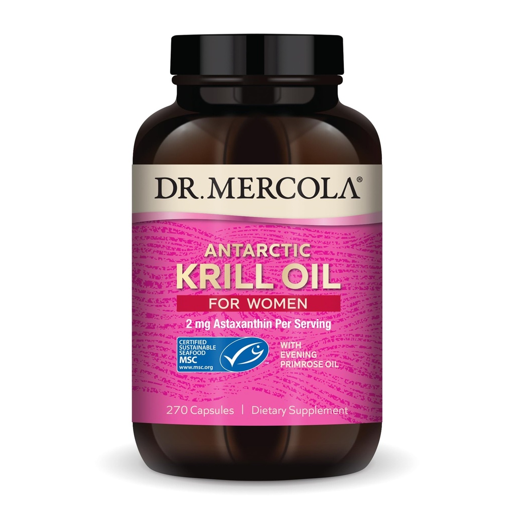 Dr. Mercola Krill Oil for Women - 2 mg Astaxanthin - MSC Certified Sustainable - Supports Brain, Skin & Immune Systems - with Omega-3s - Non-GMO, Gluten-Free & Soy-Free - 270 Capsules (30 Servings)