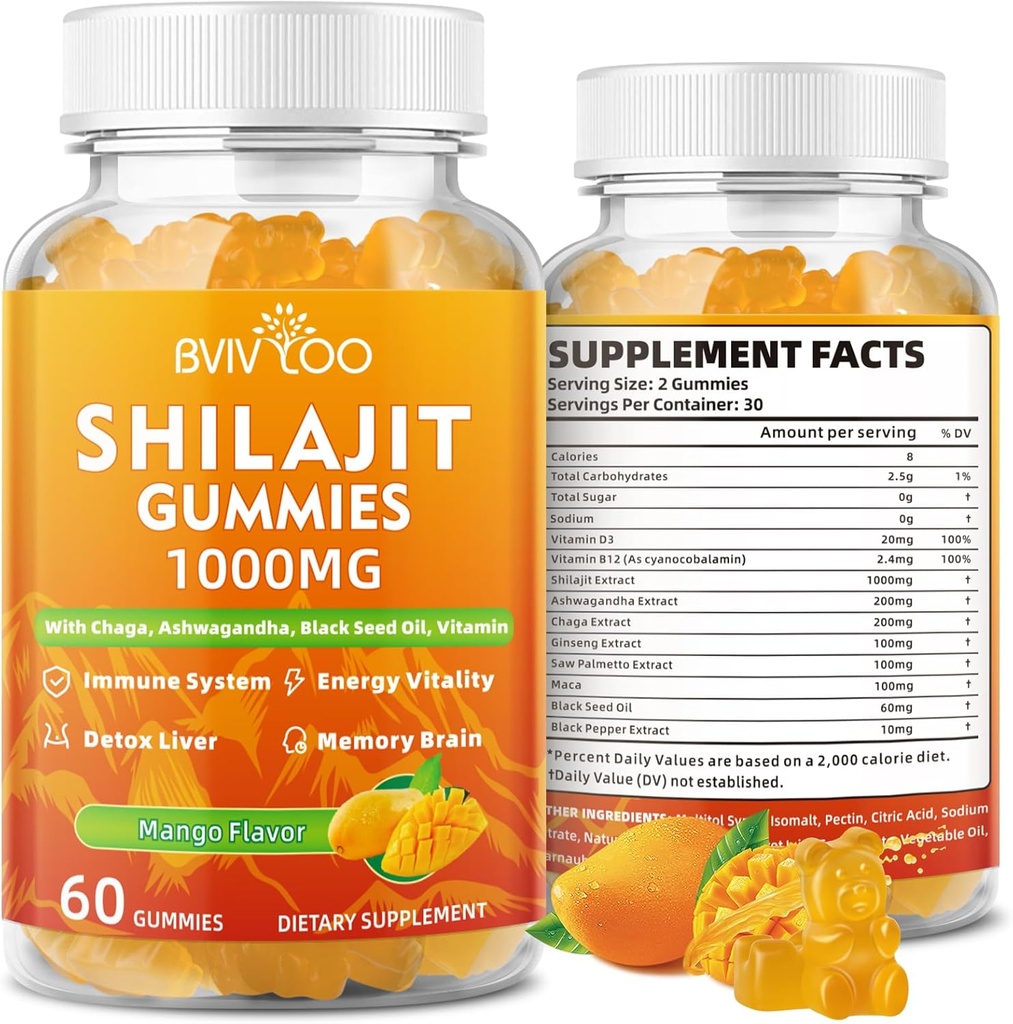 Shilajit Gummies 1000mg Sugar Gratis - Shilajit Suplemento para Hombres &amp; Mujeres - Alto en 85+ Trace Minerals & Fulvic Acid - Energía, Cerebro, Inmunidad - 60 Gummies