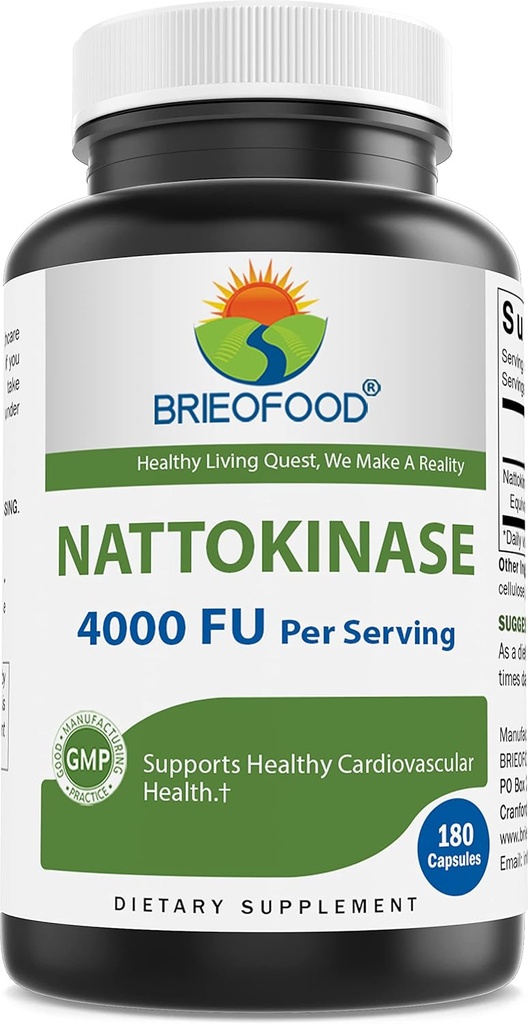 Brieofood Nattokinase 4000 FU (Unidad Fibrinolítica) por Serving - 180 Capsules - Apoyo a la Salud Circulatoria