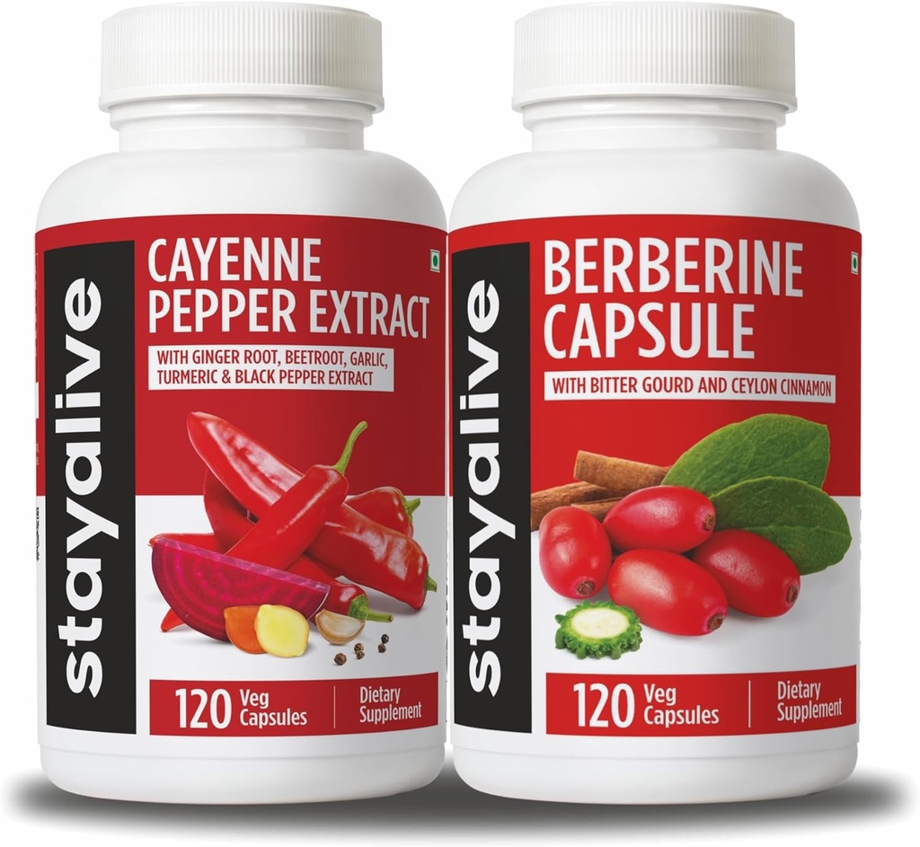 STAY ALIVE Cayenne and Berberine Bundle with Ceylon Cinnamon and Bitter Gourd Extract, 240 Vegan Pills, Non-GMO & Gluten Free Berberine Cayenne Pepper Suplemento