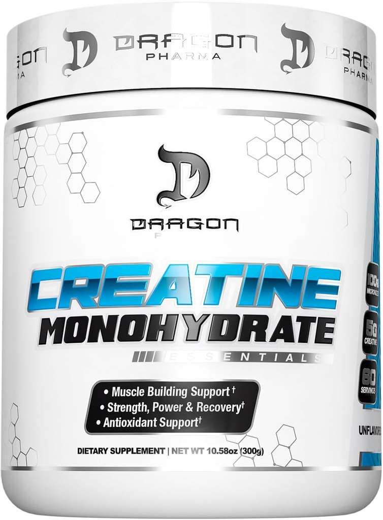 DRAGON PHARMA Monohidrato de crema, recuperación del músculo de la ayuda, suplemento post-entrenamiento, soporte antioxidante (60 serviendo, sin sabor)