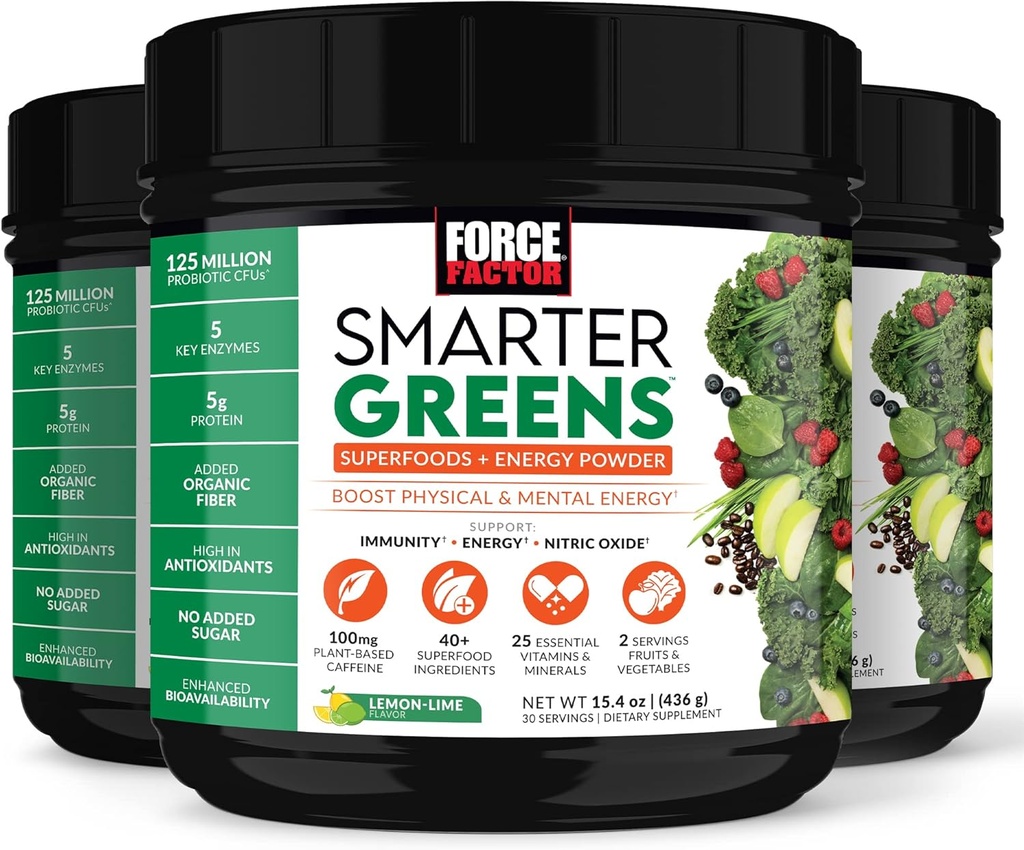 FORCE FACTOR Smarter Greens Superfoods + Energía Powder para Boost Energy ' Support Digestion, Gut Health, Bloating, Greens Powder with Digestive Enzymes, Probiotics & Prebiotics, Lemon Lime, 90 Servings