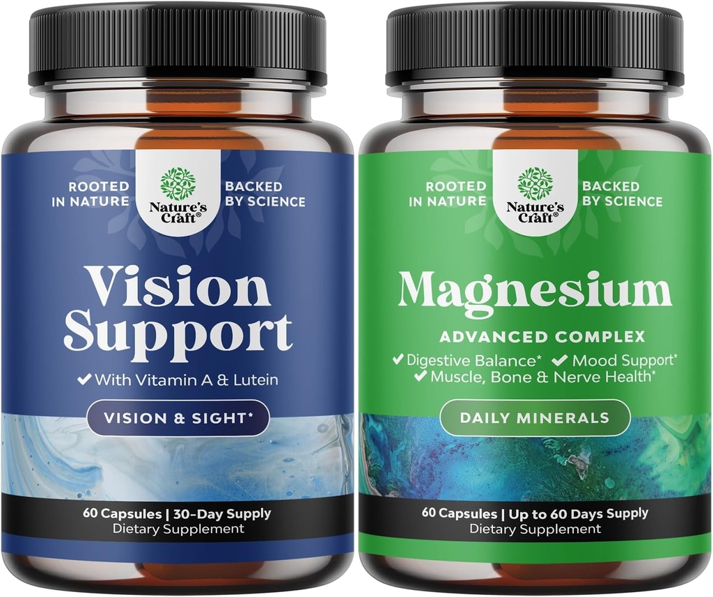 Agrupación de suplemento completo de salud de ojos para adultos para visión Presión de ojos secos y protección de la luz azul y alta absorción Magnesio Suplemento Complejo de magnesio para la digestión de estómago del sueño y soporte de orina