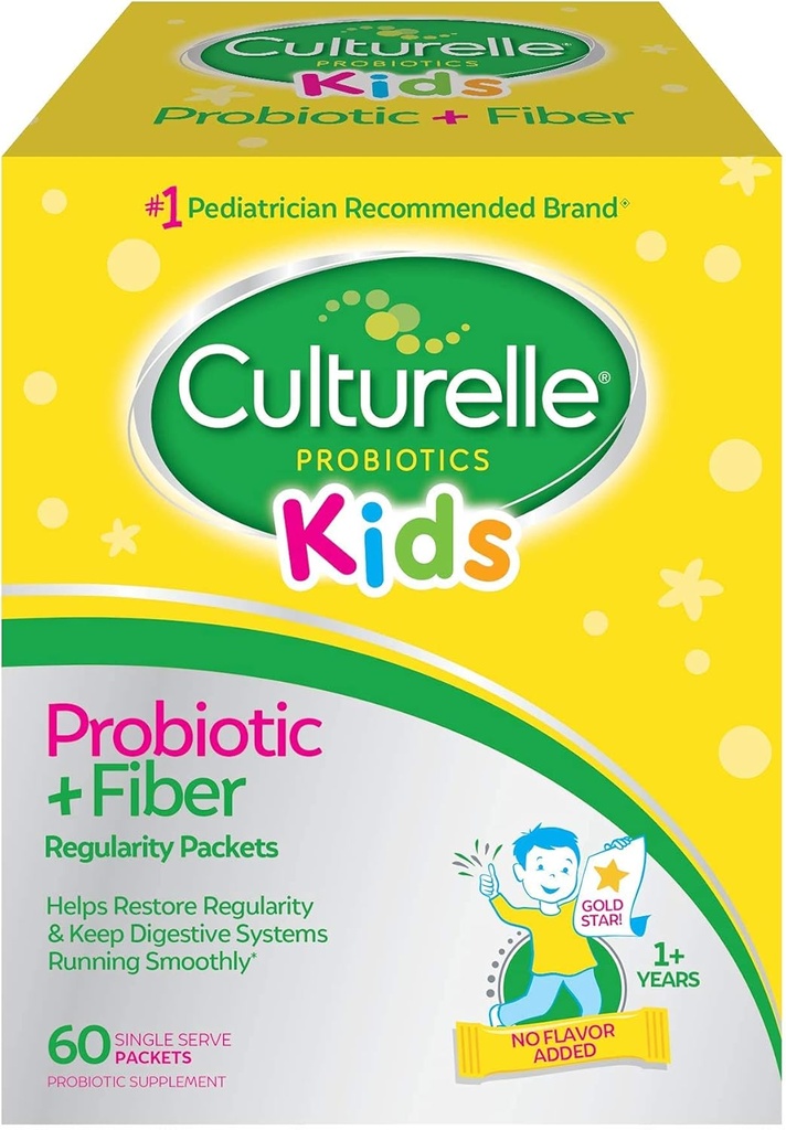 Culturelle Kids Probiotic + Fiber Packets (Ages 3+) - 60 Cuenta - Salud Digestiva &amp; Apoyo Inmunitario - Ayuda a restaurar la regularidad