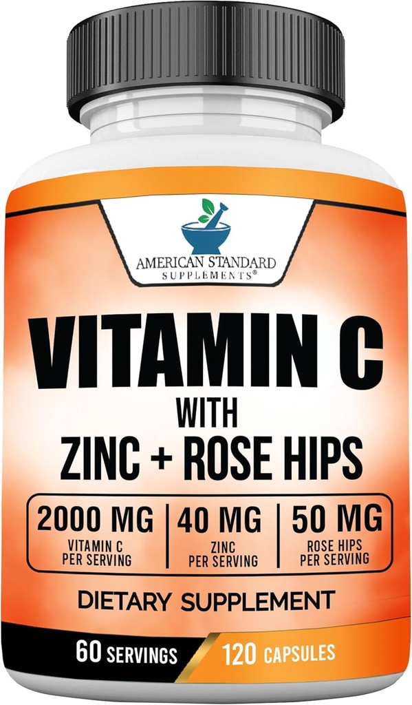 American Standard Supplements Vitamin C 2000mg, Zinc 40mg y Rose HIPS 50mg Por Serving, Vegan, Gluten Free, Non-GMO (120 Conteo)
