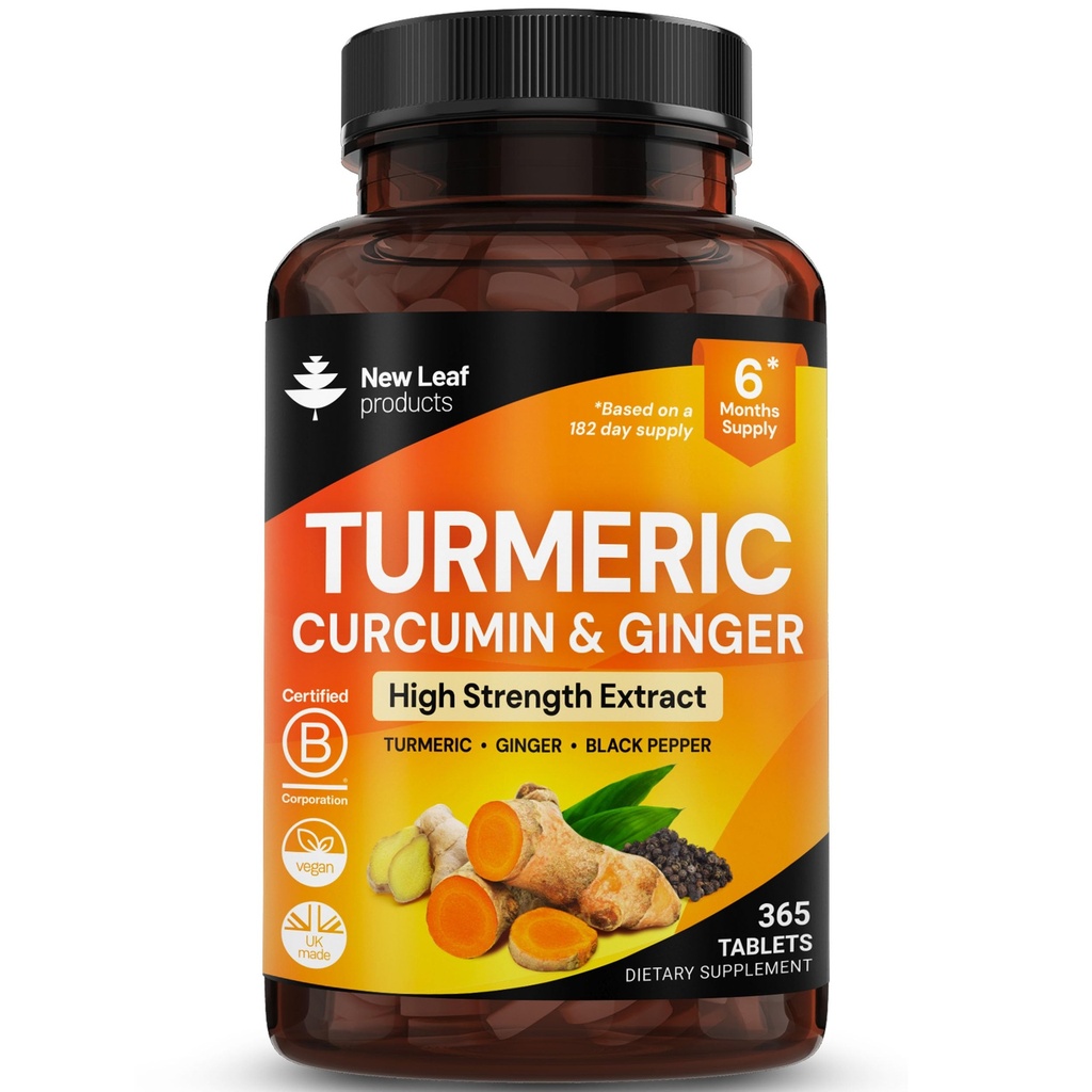 Turmeric Tablets - High Strength Extract with Black Pepper & Ginger (365 Tablets) Active 95% Turmeric Curcumin Supplements, Vegan, GMP, GMO Free Gluten Free, UK Made by New Leaf