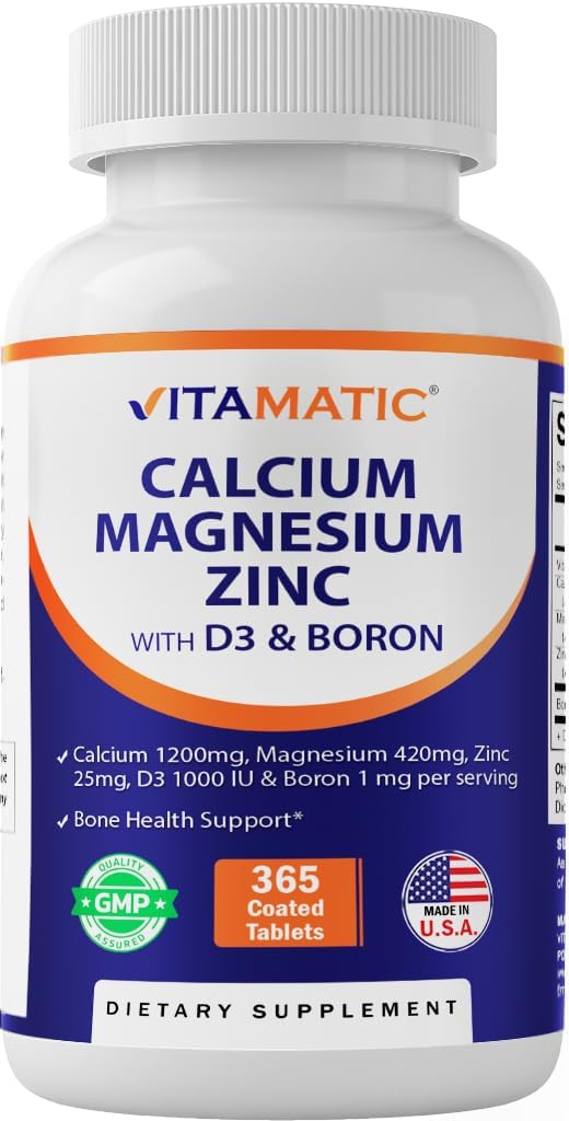 Vitamatic Calcium Magnesium Zinc D3 Boron ← 365 Coated Tablets Suplemento Silencio Calcium 1200 mg, Magnesium 420mg, Zinc 25mg, Vitamin D3 1000 IU, Boron 1 mg ← No GMO Silencio Gluten Free Silencio Made in USA