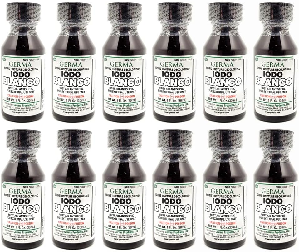 Germa White Iodine Tincture. Primera Ayuda Antiséptica. para Raspas Menores, Cortas, Brujas y Quemaduras. Previene la infección de piel. 1 oz. Paquete de 12