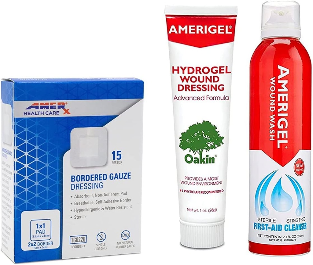 AMERIGEL Total First Aid Bundle - 1 oz. Hydrogel Wound Dressing, 7.1 oz. Saline Wound Wash, 2x2 Bordered Gauze Dressing