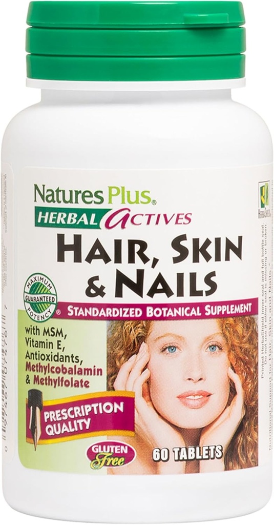 Natures Plus Hair, Skin & Nails - 60 tabletas Vegan - Proporciona fuerza y elasticidad a la piel del cabello &amp; uñas - Vegetariano, libre de gluten - 30 piezas