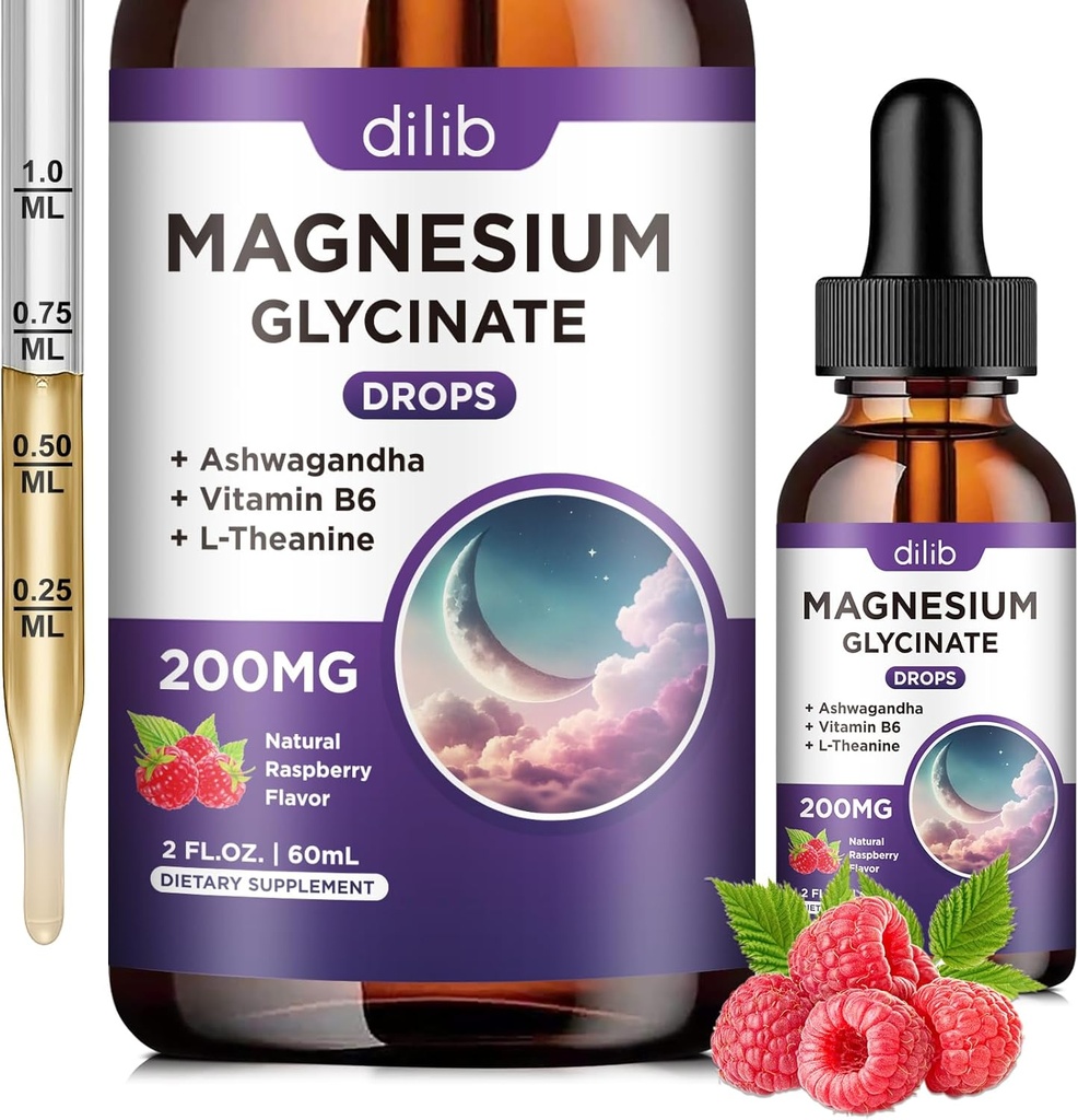 Magnesium Glycinate 200mg Suplemento, Magnesium Liquid Drops with Vitamin B6, Ashwagandha, L - Theanine, Chamomile -Support Stress Relief, Bone, Muscle, Mood Vegan - Raspberry Flavor - 2 FL.OZ