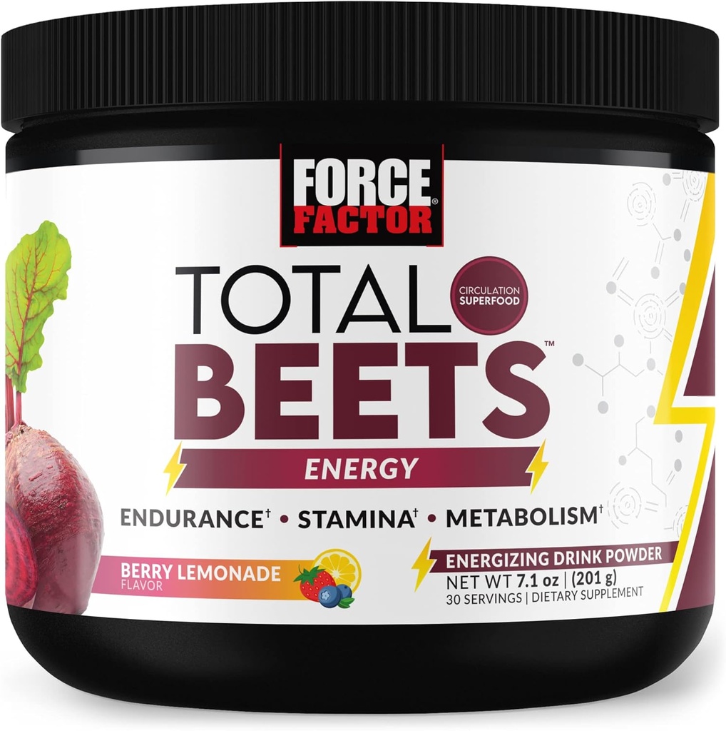 FORCE FACTOR Total Beets Beet Root Powder with Energy, NO3-T® Nitrates to Support Circulation, Blood Pressure, Blood Flow, and Stamina - Plus Green Tea Extract. A Superfood Supplement, 30 Servings