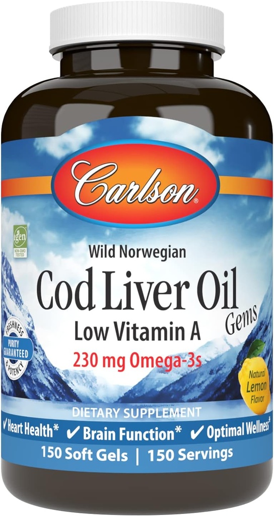 Carlson - Cod Liver Oil Gems, Low Vitamin A, 230 mg Omega-3, Norwegian, Wild Caught, Sostentablemente Fuented, 150 Softgels
