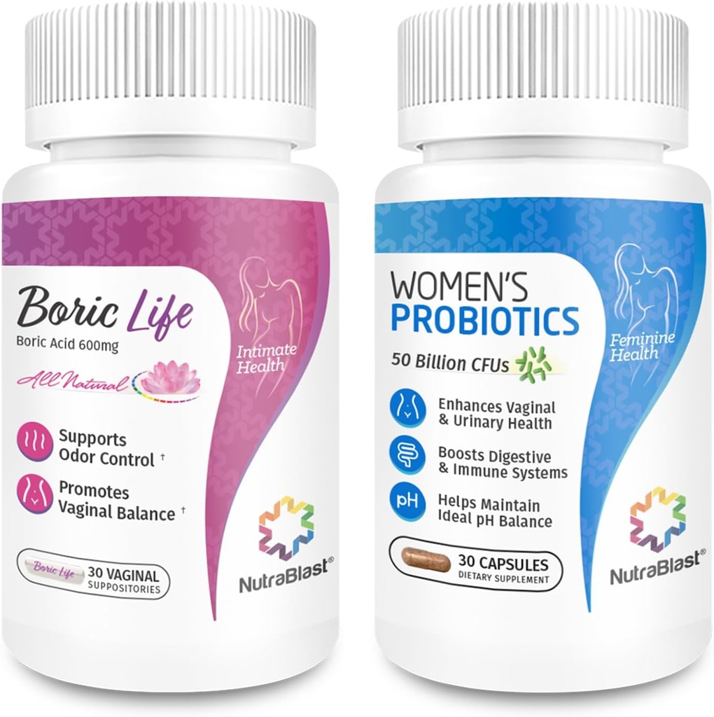 NutraBlast Boric Acid Vaginal Suppositories Bundle with Vaginal Probiotics ← Apoya el Control de Odor ANTE Digestive, UT & Intimate Health ← Promueve Healthy Intimate Balance (30 Conde)