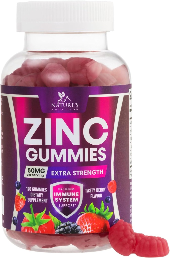 Zinc Gummies 50mg - Bone Skin &amp; Immune Support Health Gummy & Premium Antioxidant Chewable for Adults - High Absorption Vegan, Gluten Free Zinc Supplements Vitamina - Tasty Berry Flavor - 120 Gummies