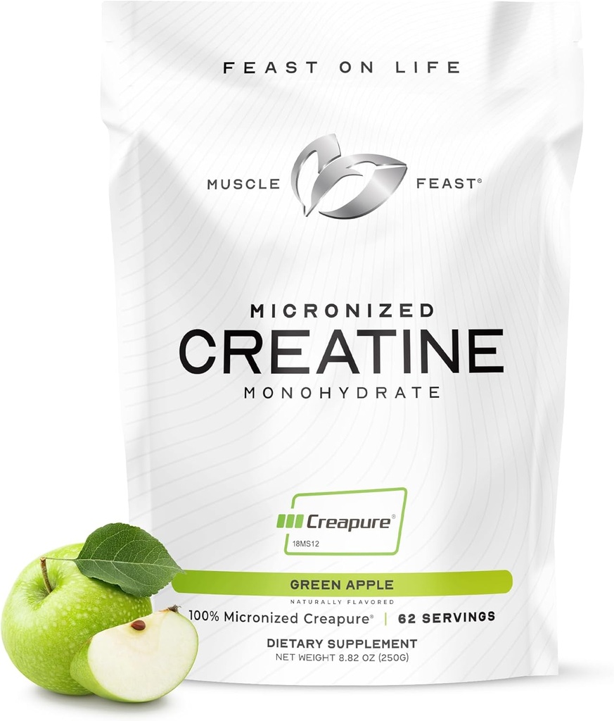 Muscle Feast Creapure - Micronized Creatine Monohydrate Powder ← Premium Pre-Workout o Post-Workout ← Creatina Flavored para Mujeres y Hombres Silencio fácil de mezclar, libre de gluten, seguro y puro (Gran Apple, 250g)