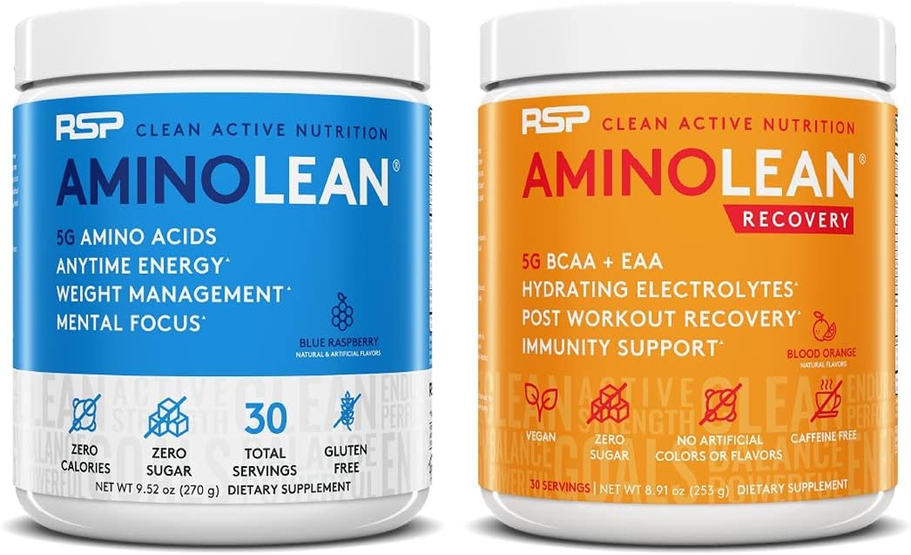 RSP NUTRITION AminoLean Pre Workout Energy (Blue Raspberry 30 Servings) con AminoLean Recovery Post Workout Boost (Blood Orange 30 Servimientos)