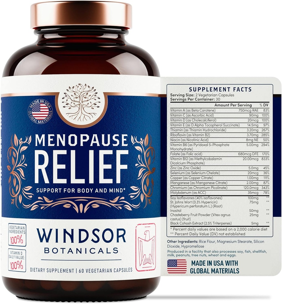 Suplementos de la menopausia para Mujeres - Windsor Botánicos Multivitamínicos con Chastebrry, Cohosh Negro para Flashes calientes, Alivio de la menopausia y Equilibrio hormonal para Mujeres - 60 Natural Progesterone Pills Estrógeno