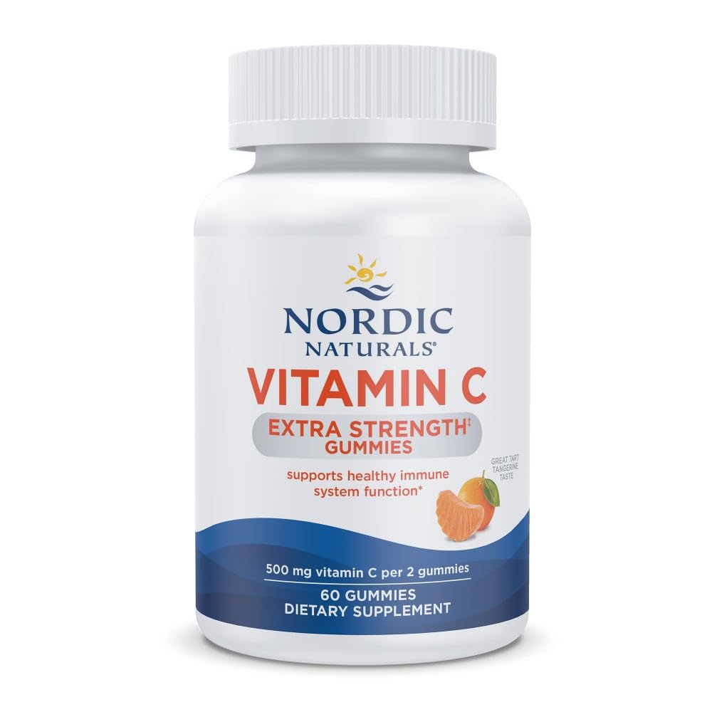 Naturales nórdicos Vitamina C Gummies de fuerza extra - Tangerine Flavor - 60 Gummies - 500 mg Vegan Vitamina C Suplemento - Low-Sugar Immune - Apoyo - 30 Serviciones