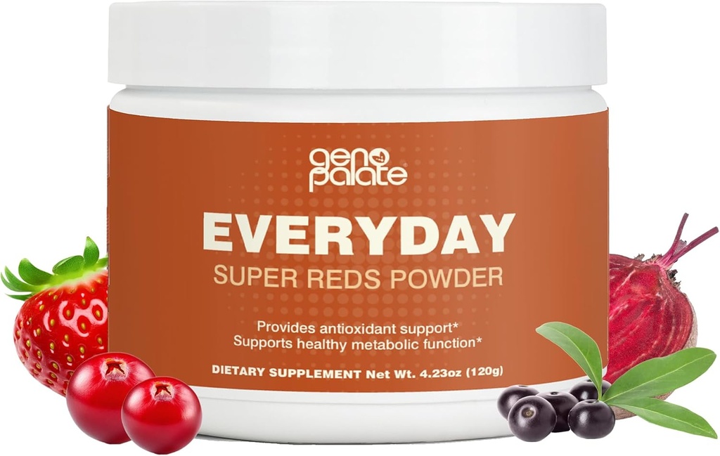 GenoPalato Todos los días Super Rojos, Antioxidante Superfood Blend with Beet Root, Cranberry, Hibiscus, Acai &amp; Probiotics, Energizing Polyphenols for Heart, Brain &amp; Digestive Health, Vegan, 30 Servings