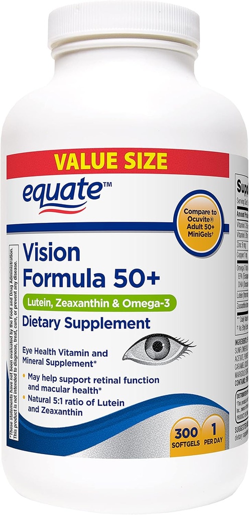 Equate Vision Fórmula 50+ Lutein, Zeaxanthin &amp; Omega-3, 300 Softgels