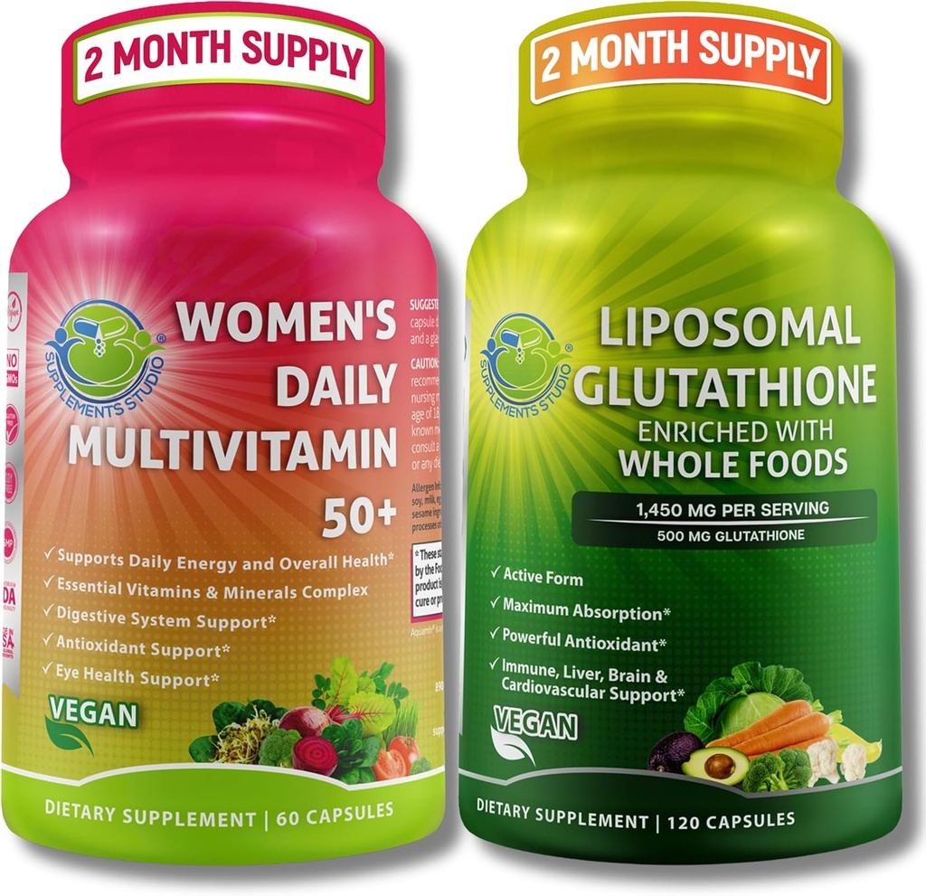 SUPPLEMENTOS STUDIO Antioxidante, Cellular &amp; Immune Support Bundle - Women's Daily Multivitamin 50+ con Superalimentos Orgánicos + Liposomal Glutathione 500mg - Vegan, No-GMO, Limpiabola