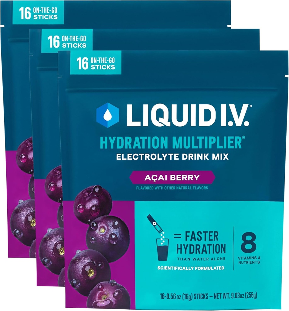 Liquid I.V.® Hydration Multiplier - Acai Berry ← Electrolyte Powder Drink Mix Silencio 3 Pack (48 Servings)