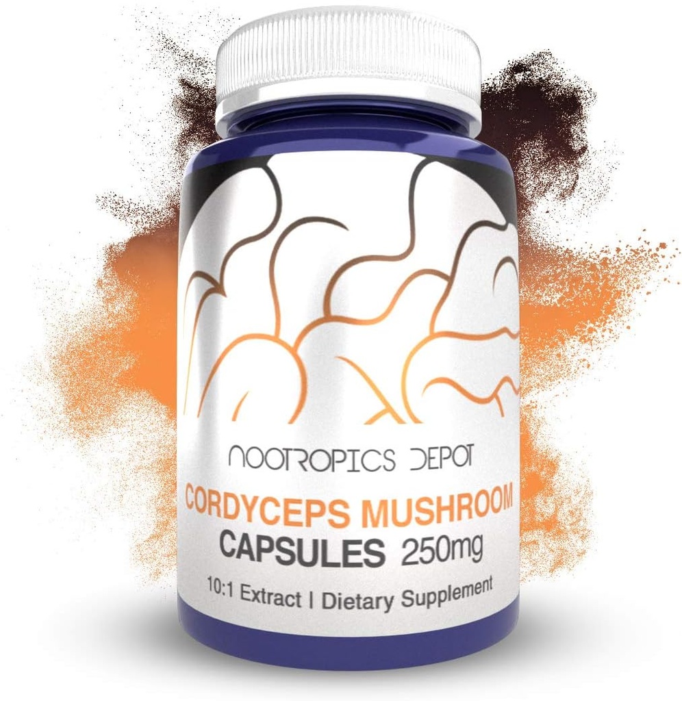 Nootropics Depot Cordyceps Mushroom Capsules ←10:1 Plenario Cuerpo de Fruto Extracto  250mg Silencio 180 Cuenta ← Cordyceps militaris