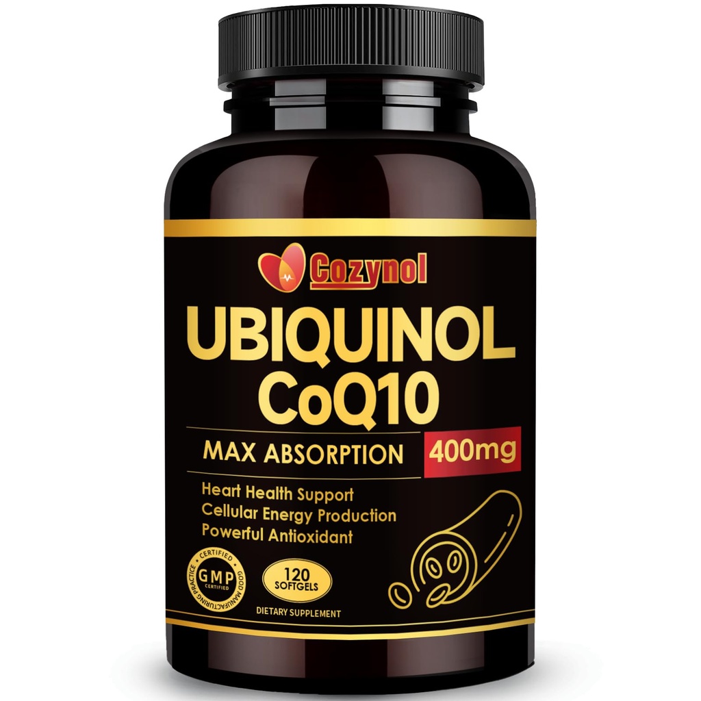 Ubiquinol CoQ10 400mg Softgels con vitamina E &amp; Omega-3, Max-Absorption Coenzyme Q10, potente antioxidante, soporta la salud del corazón &amp; producción de energía, 120 Conteo, No GMO