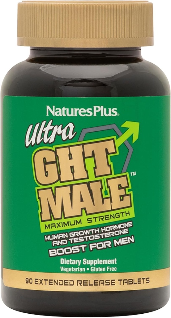 NaturesPlus Ultra GHT Male Extended Release Bilayer Tablets - 90 Vegetarian Supplements - Maximum Strength Natural Testosterone &amp; Human Growth Hormone Boost- Gluten-Free - 30 Servings