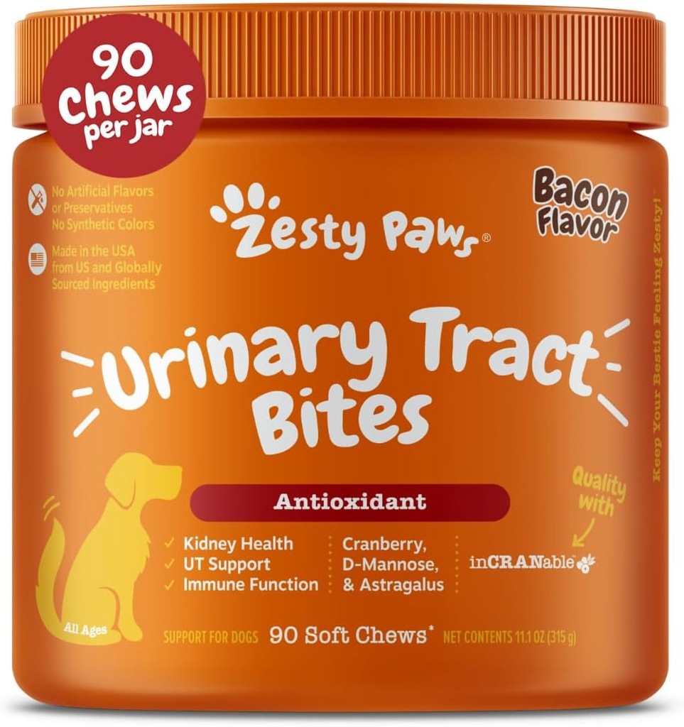 Zesty Paws Suplemento de arándano para perros - Control de vejiga para perros - Soporte de la trampa urinaria - Cerveza de arándano con manguera D, vitamina B6 &amp; L-Arginina - Soporte de manteca Immune - Bacon - 90 Conde