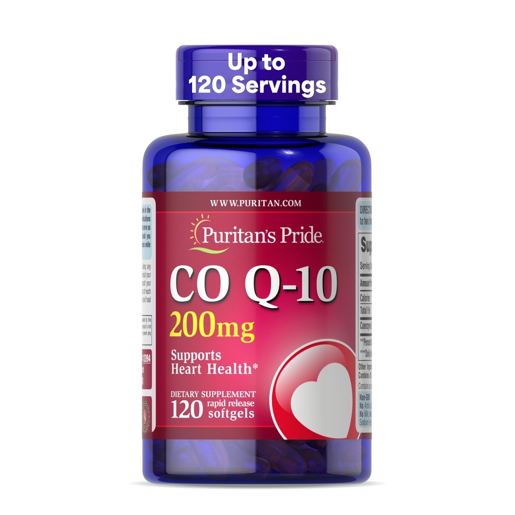 Coenzima del orgullo de Puritan CoQ10 200mg, Suplemento dietético para la salud del corazón, presión arterial, salud del Gum oral y apoyo al envejecimiento saludable, 120 Servimientos, liberación rápida Softgels