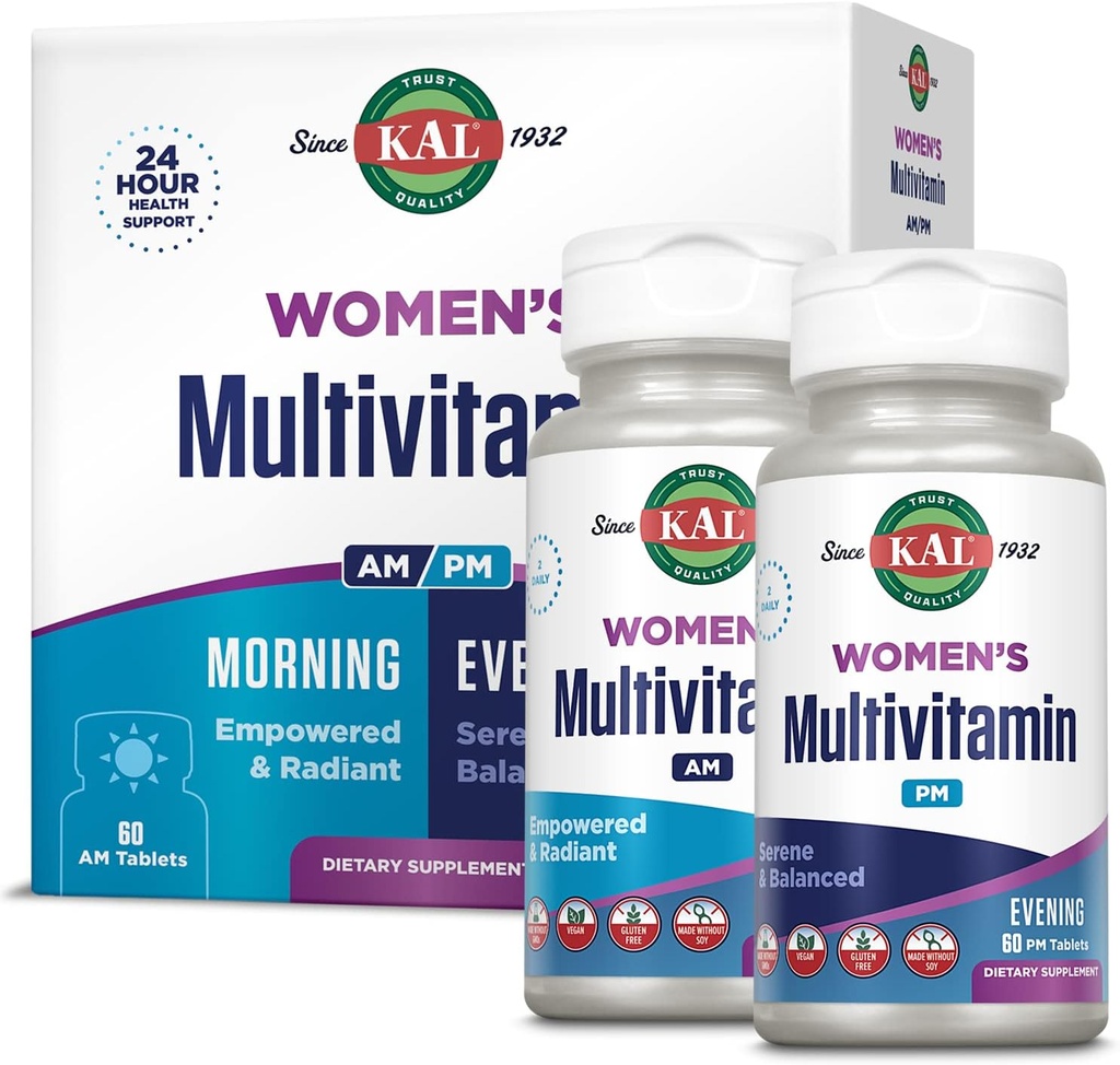 Multivitaminas de KAL Mujer AM/PM, 2-en-1 Multivitaminas para Mujeres con Ashwagandha, Silica, Espirulina Orgánica y GABA para Energía Celular, Fuerza de Hueso, Apoyo Inmunitario, Vegan, 30 Servimientos, 120 Tabletas