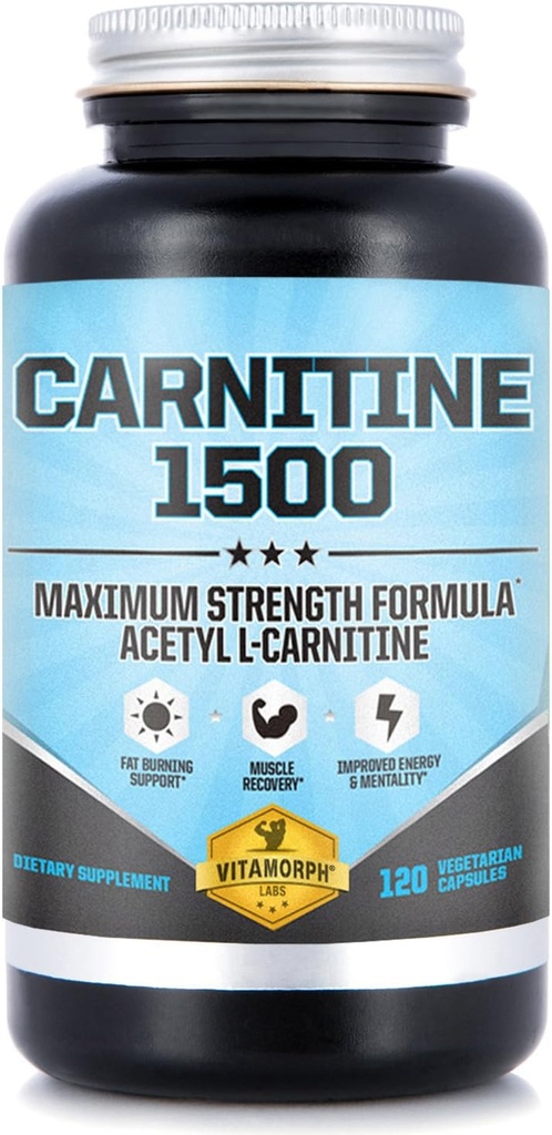 Carnitina 1500 - Acetyl L-Carnitine 1500mg Suplemento de Carnitina de Fuerza Máxima - Apoyos Gestión de la Energía, la memoria, el foco y la pérdida de peso - 120 cápsulas vegetarianas