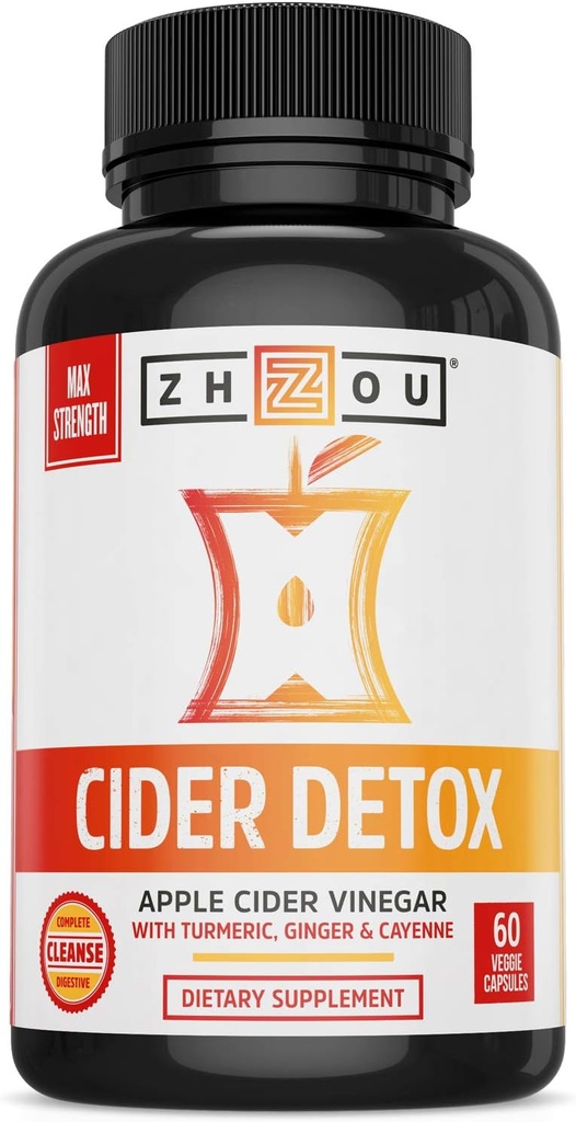 Zhou Cider Detox - Apple Sider Vinegar cápsulas con madre, Raw natural ACV píldoras para hombres y mujeres, Herbal Complex Suplemento con Turmeric &amp; Cayenne Pepper - 60 cápsulas Vegan