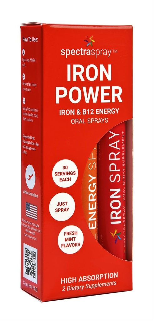 SpectraSpray Iron & B12 Vitamin Liquid Oral Spray Kit - Food Grade Iron as an Essential Daily Mineral and B12. Vegan, Gluten Free & Highly Effective, 30 Day Supply per Spray