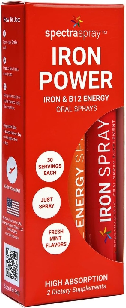 SpectraSpray Iron &amp; B12 Vitamin Liquid Oral Spray Kit - Food Grade Iron como un Mineral diario esencial y B12. Vegan, Gluten Free &amp; Highly Effective, 30 Day Supply per Spray