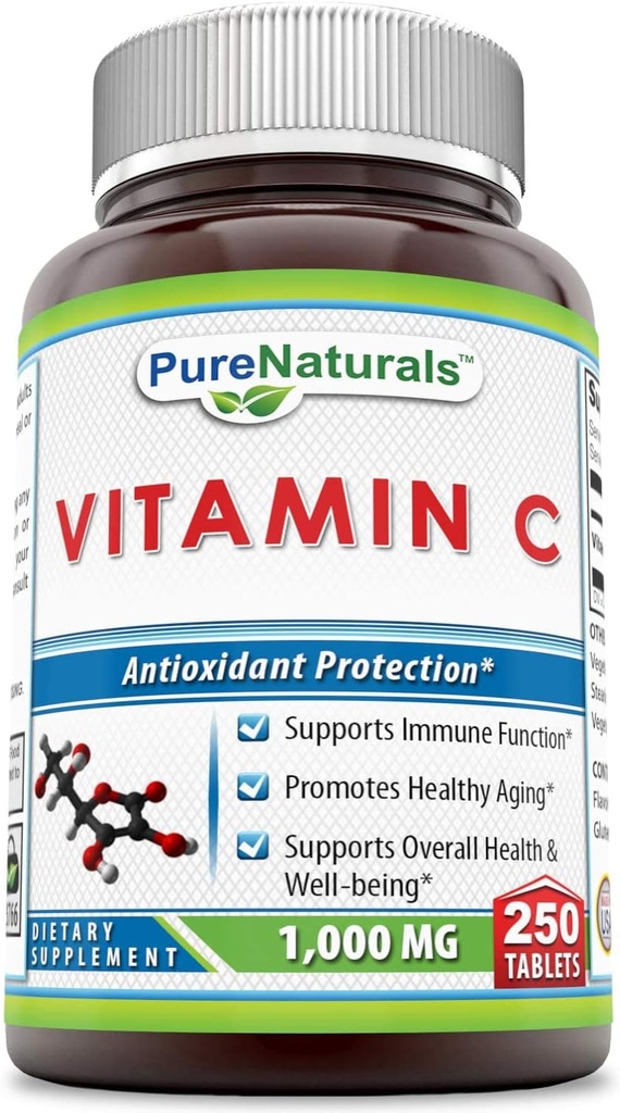 Naturales puros Vitamina C, 1000 mg 250 Tabletas -Apoyos Función inmunitaria* -Apoyos Salud general y bienestar* -Promociones Envejecimiento saludable*