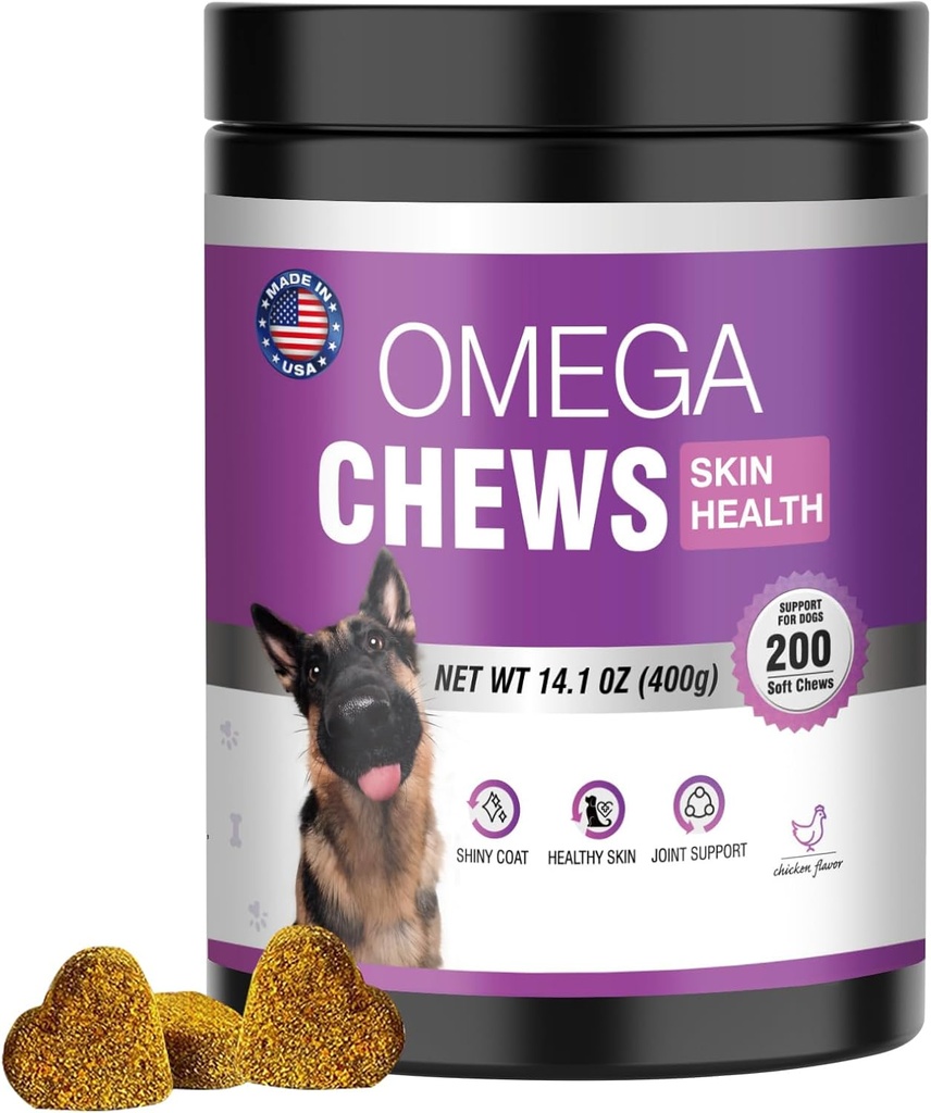 Omega 3 para perros Skin and Coat Suplemento para perros Alergia Alergia Aceite de piel Alivio de la piel Aceite de secado Reasentamiento de la piel Salmón Suplemento 200 Tabletas