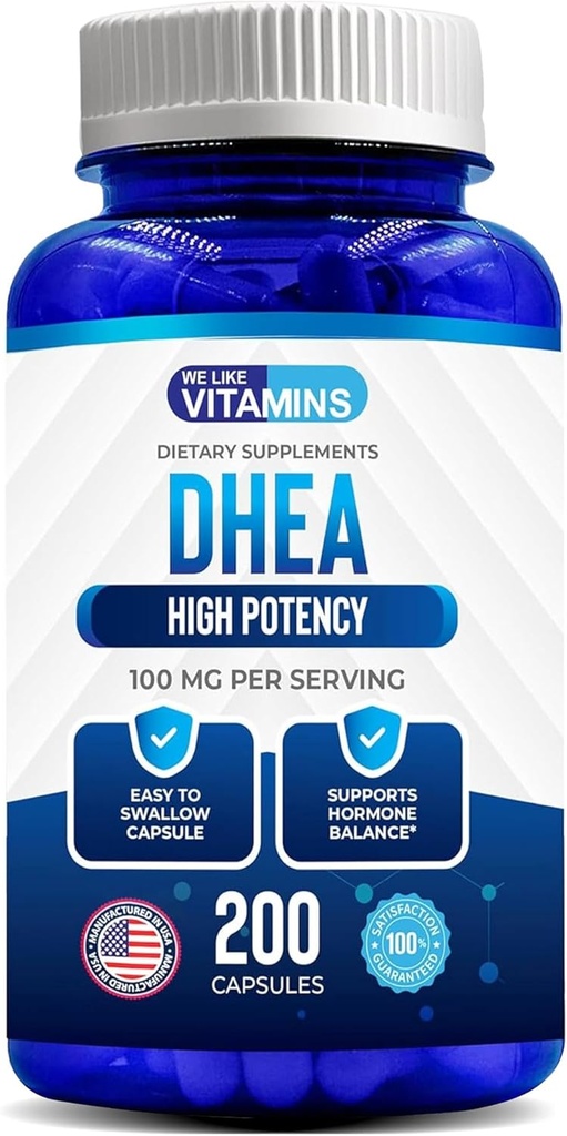 Nos gustan las vitaminas DHEA 100mg 200 Capsules - 200 Day Supply of DHEA Capsules - Ayuda con equilibrio hormonal y niveles de energía para hombres y mujeres