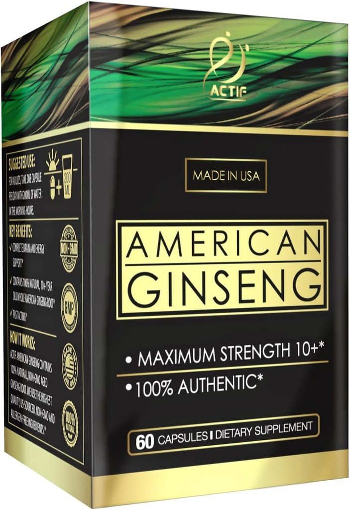 Actif American Ginseng - 100% Authentic 10 años Ginseng, Non-GMO, 500mg - Made in USA