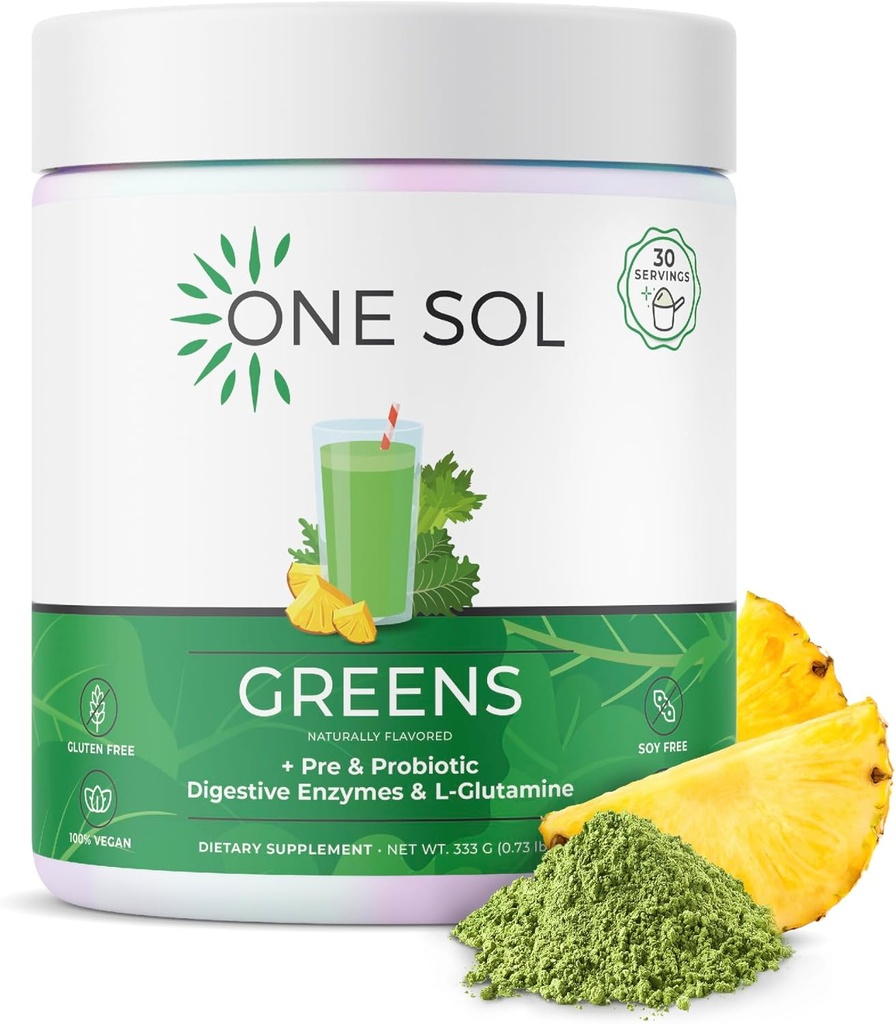 One Sol Greens, Super Greens Powder para reducir el rubor " Mejorar la salud de las mascotas, Superfood Fresh Bloom Ecológico Verdes Lindo Jugo " Smoothie Mix, Pre " Probiótico con enzimas digestivas, Vegan " Soy Free