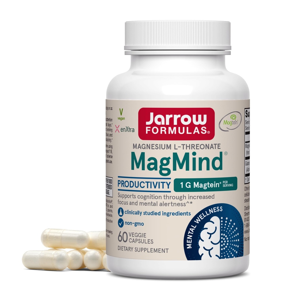 Jarrow Formulas Magnesium L-Threonate, MagMind Productivity, High Absorption Magnesium, Brain Supplements for Memory and Focus, 60 Veggie Capsules, Hasta 30 Day Supply