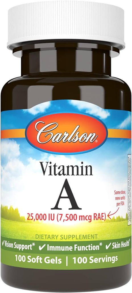 Carlson - Vitamina A, 25000 UI (7500 mcg RAE), Vision " Skin Health, Immune Function, 100 geles blandos
