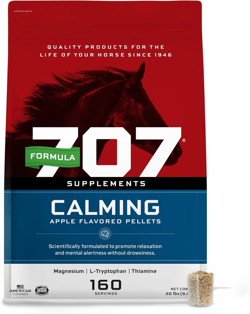 Fórmula 707 Calming Equine Suplemento 20LB Bolsa – 160 Servimientos – Alivio de ansiedad y foco mejorado para caballos – L-Tryptophan, Thiamine &amp; Magnesium