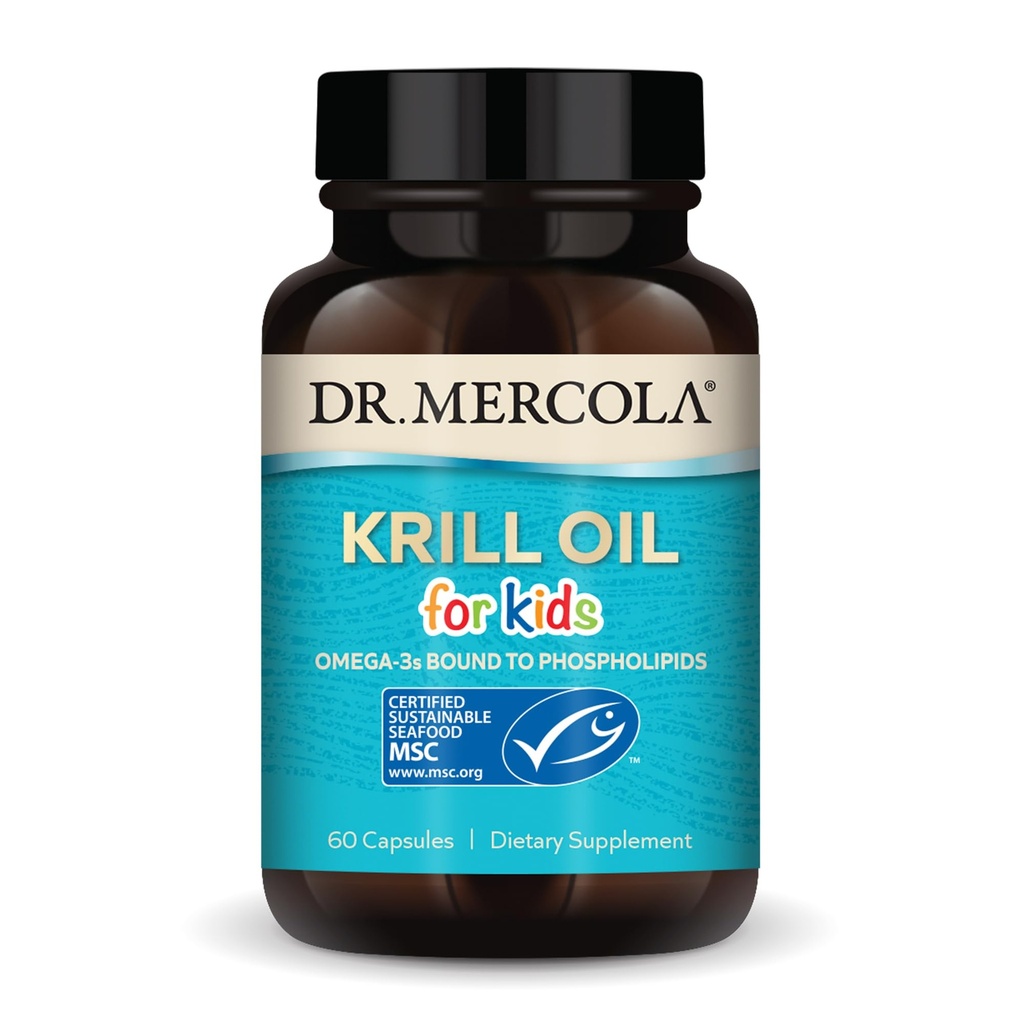 Dr. Mercola Krill Oil for Kids - 320 mg Krill Oil - MSC Certified - Supports Brain & Body Development - Formulario de fosfolípido para la absorción - Non-GMO, libre de gluten &amp; Soy-Free - 60 cápsulas