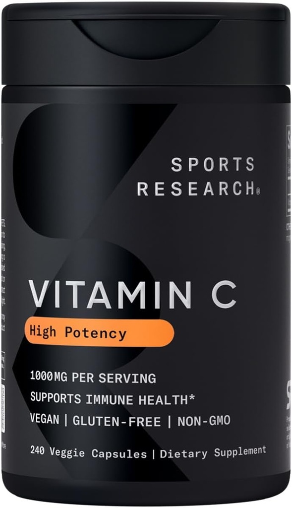 Sports Research High Potency Vitamin C Supplement - Vegan Veggie Capsules for Antioxidant Activity &amp; Immune Support - Non-GMO Verified & Gluten Free - Ascorbic Acid Vitamin C 1000mg, 240 Count
