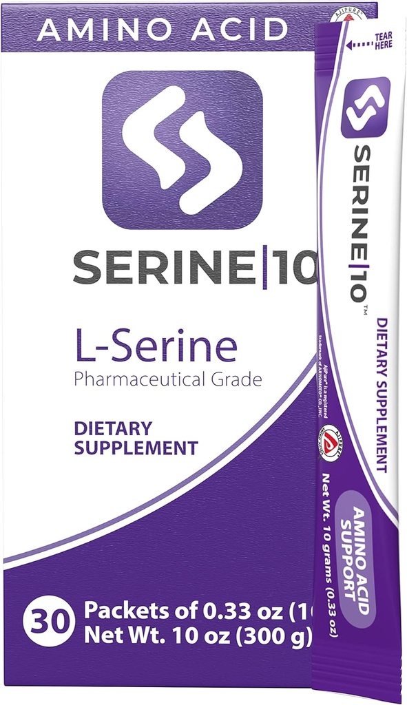 SERINE10 L-Serine Nootropics Packets - Support Brain Health, Memory, Focus, " Production of Serotonin, L-Tryptophan, " L-Cystine - 30 Premeasured Powder Packets with 10 Grams (30000 mg)