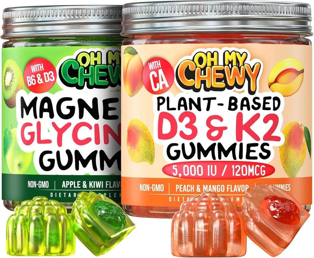 Magnesio + D3K2 Gummies Bundle – 2 Botellas (60 Cada uno) – Mango de Apple Kiwi &amp; Peach
